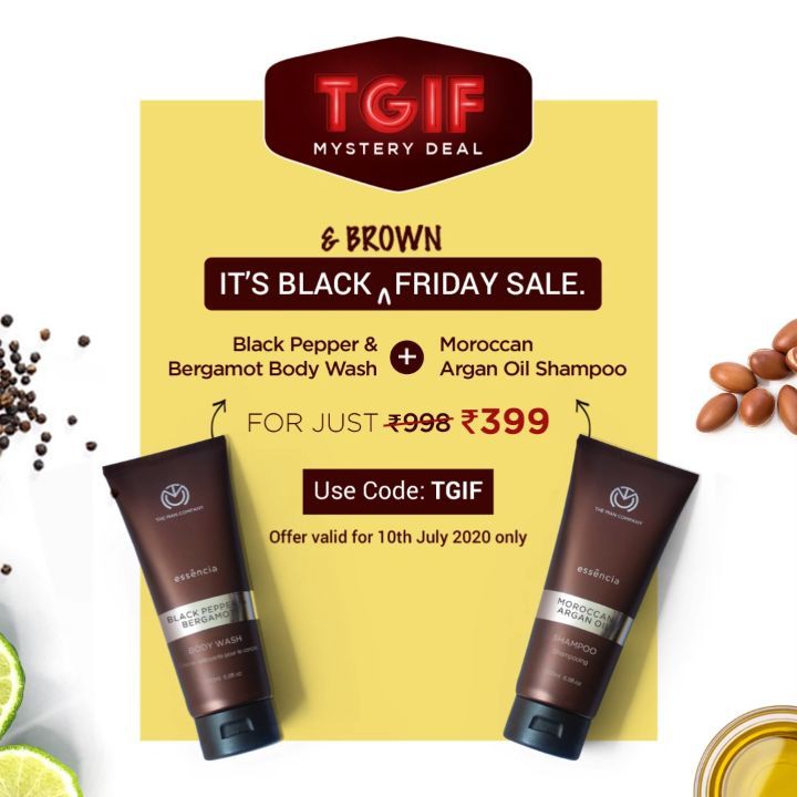 The Man Company - It's Black (& Brown) Friday Sale! 
Get Black Pepper and Bergamot Body Wash and Argan Oil Shampoo at just Rs.399! 
Use Code: TGIF
#themancompany
#gentlemaninyou #tgif #tgifridays #sal...